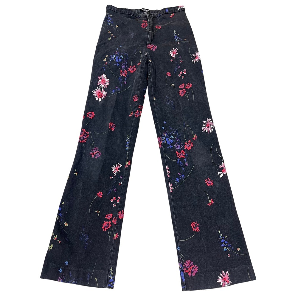 WilliSmith Stretch Floral Denim Pants Black Pink Blue Wide Leg Size 6